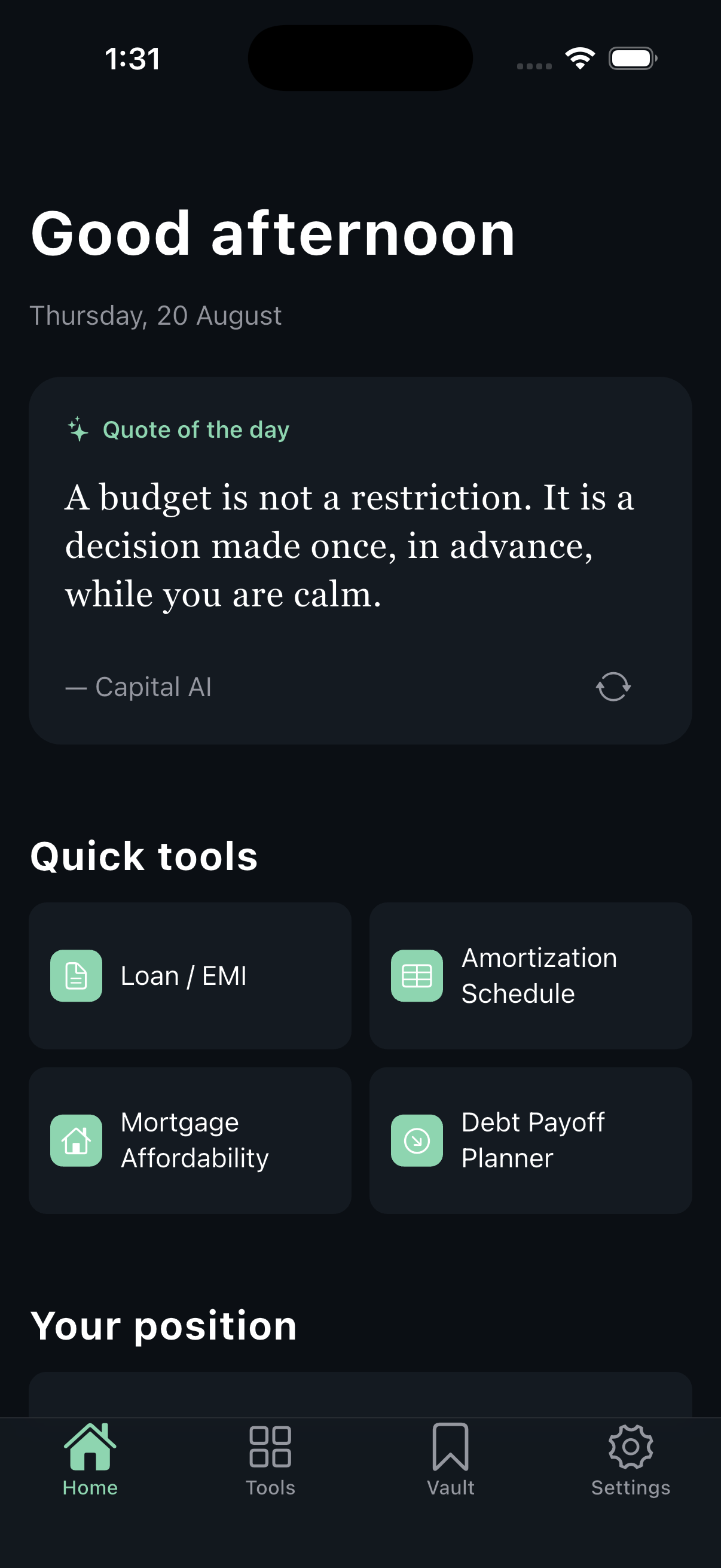 Home screen showing the quote of the day and a grid of quick tools.