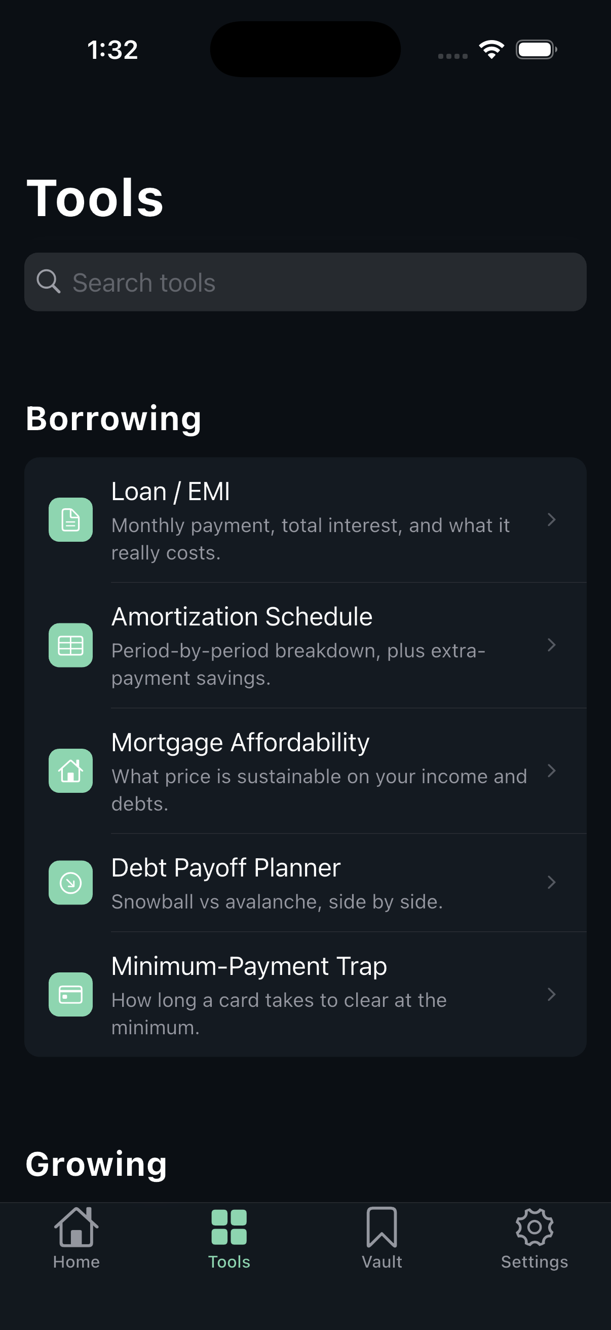 Tools screen listing borrowing calculators with search at the top.