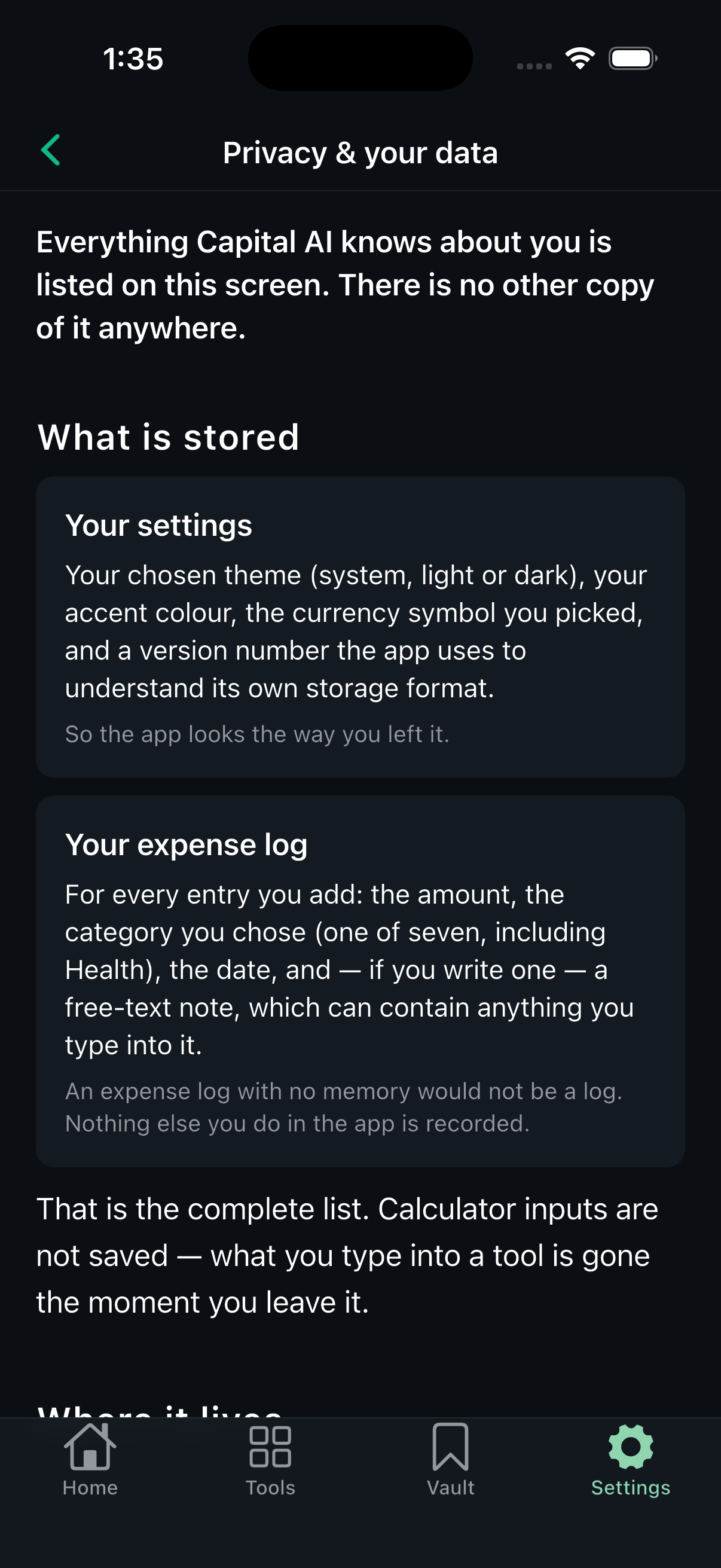 Privacy screen listing exactly what the app stores on the device.